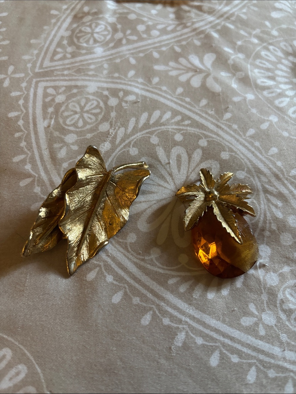 Gold Leaf Pin and Amber Crystal Pineapple Brooch - Vintage Style